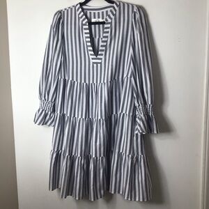 Eliza J dress women 8;grey and White Vertical Stripe Long Sleeve Tiered Dress